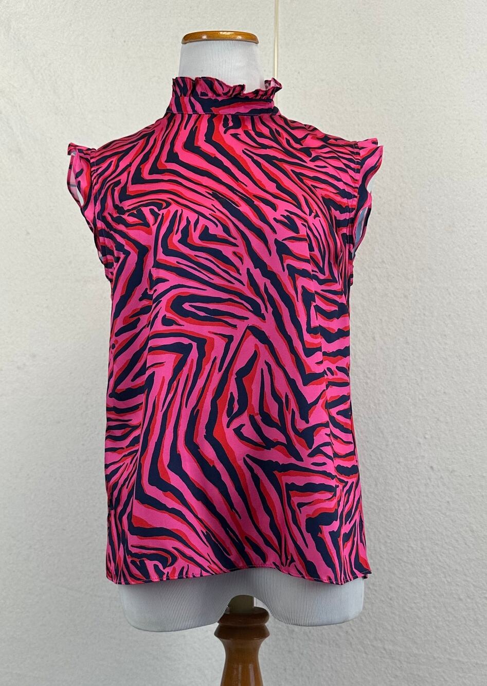 Julie Brown NYC Juliana Hot Pink Animal Print Ruffled Blouse-Size 6 Zebra Preppy
